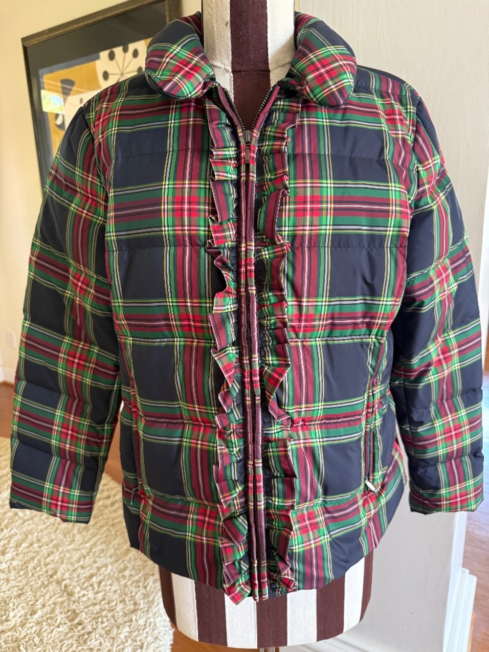 Talbots Tartan Plaid Ruffled Down-Filled Jacket Multicolor Size LP